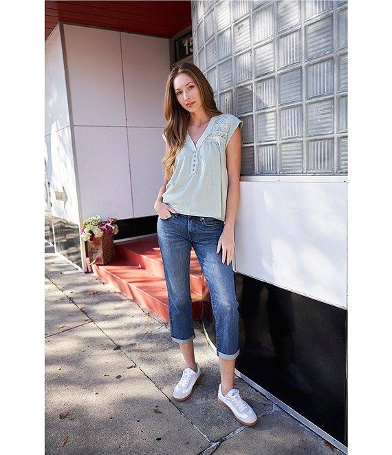 Lucky Brand Solid V-Neck Cap Sleeve Lace Trimmed Henley Tee Product Image