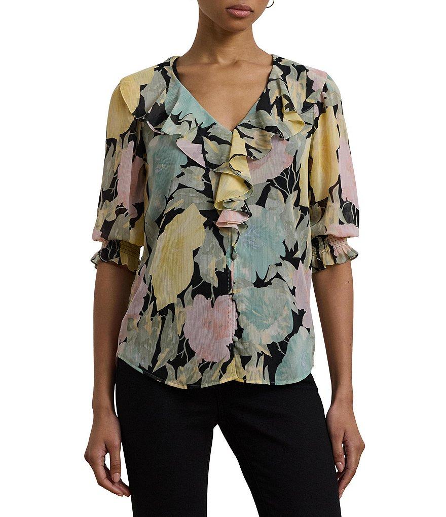 Lauren Ralph Lauren Petite Size Floral Crinkle Georgette Ruffle-Trim Blouse Product Image