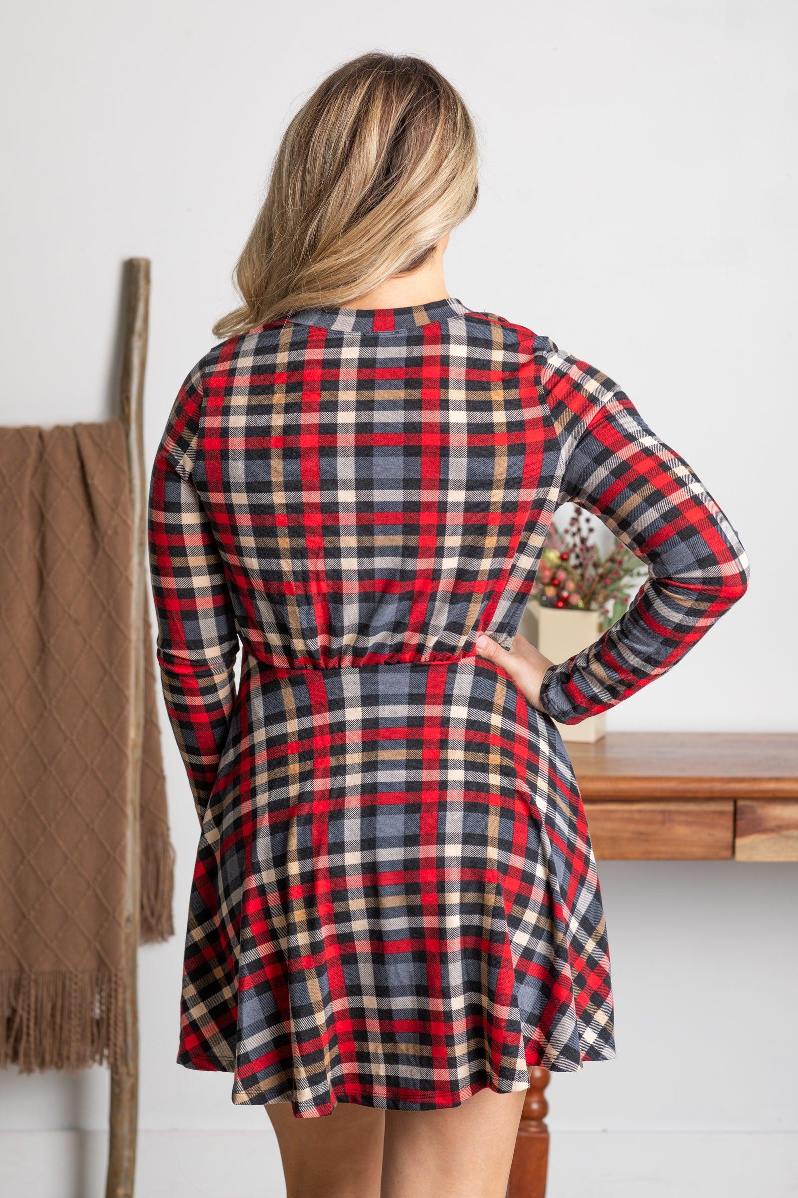 Red Plaid Long Sleeve Knit Dress With Pockets Product Image