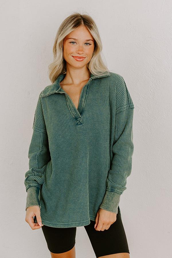 Cozy Cues Waffle Knit Top in Hunter Green Product Image