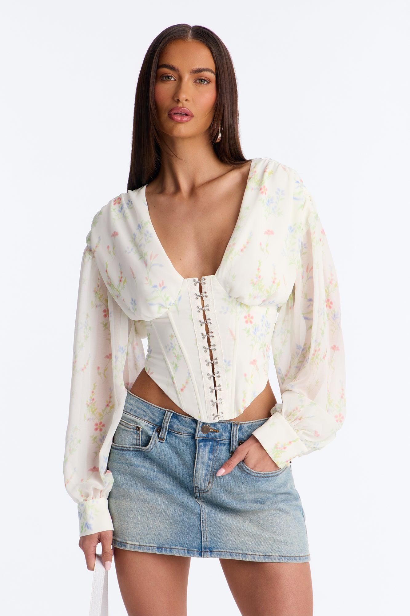 Darling Days Ruched Floral Chiffon Corset - Sage/combo Female Product Image
