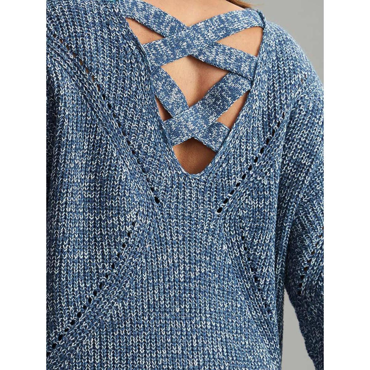 Plus Size Heather Elastic Cuffs Cut Out Pullover Stone Women Casual Loose Long Sleeve V-neck Dailywear Pullovers BloomChic 28/5X Product Image