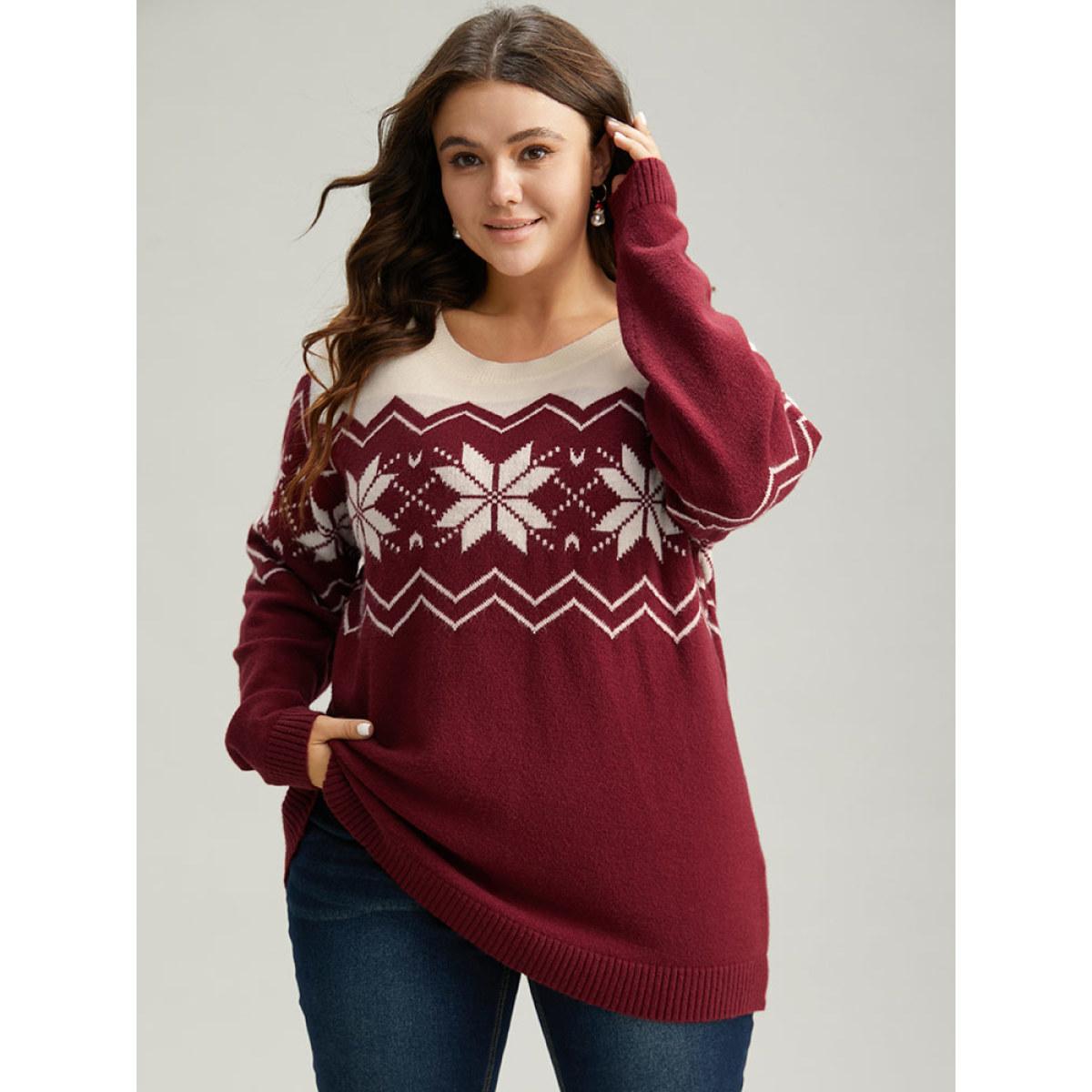 Plus Size Supersoft Essentials Snowflake Colorblock Pullover Scarlet Women Casual Loose Long Sleeve Round Neck Festival-Christmas Pullovers BloomChic 18-20/2X Product Image