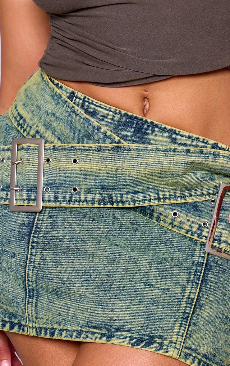 Shape Washed Green Denim Belted Mini Skirt Product Image