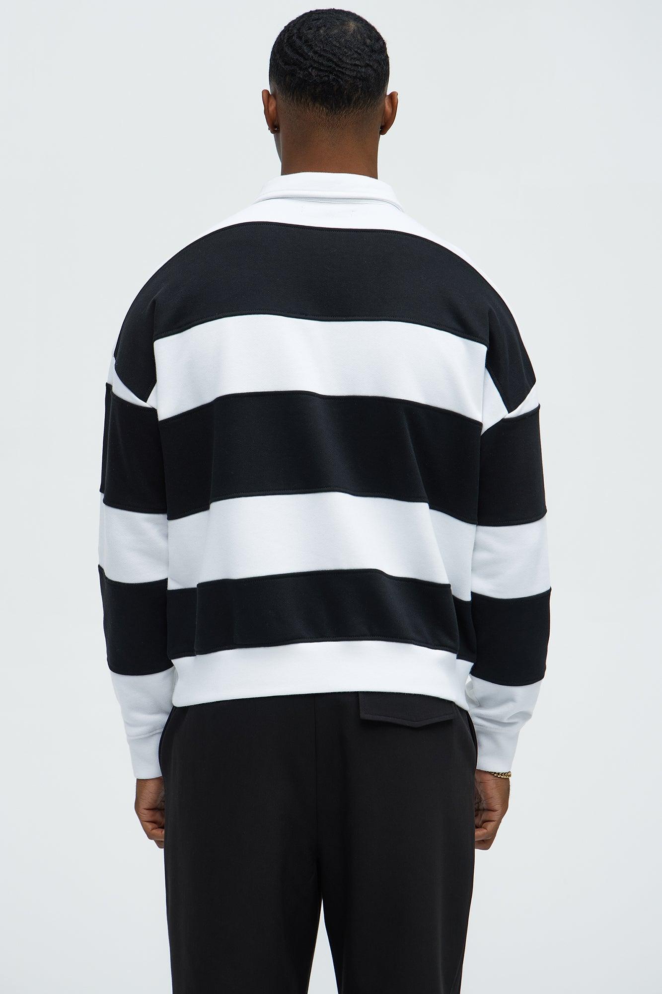 Striped Cropped Long Sleeve Embroidered Polo Shirt - Black/combo Product Image