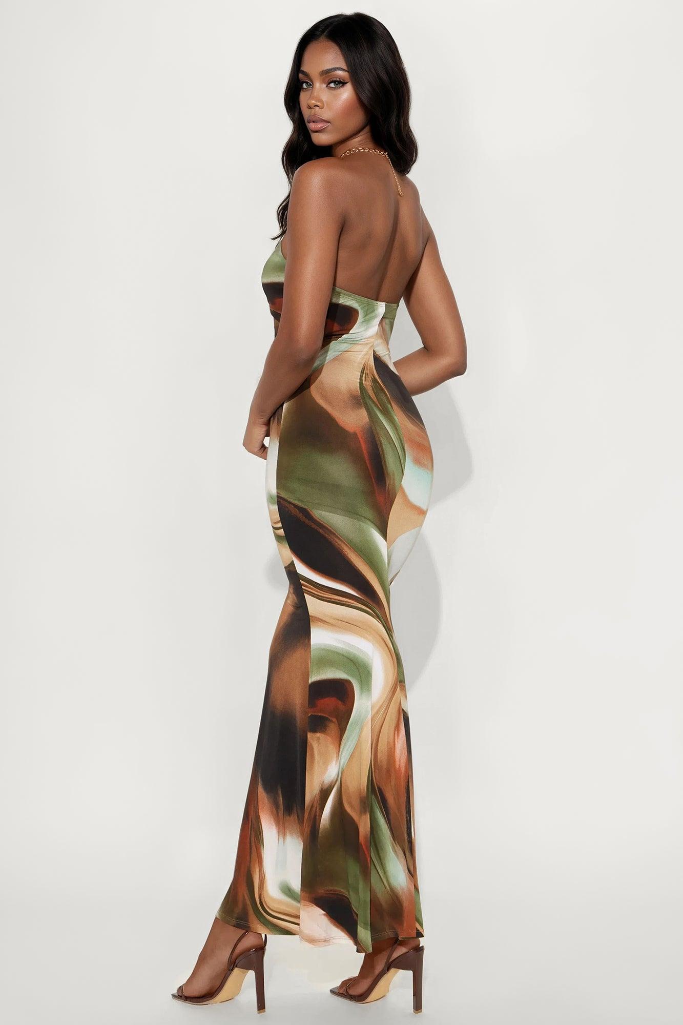 Mikah Chain Strap Abstract Maxi Dress - Olive/combo Female Product Image