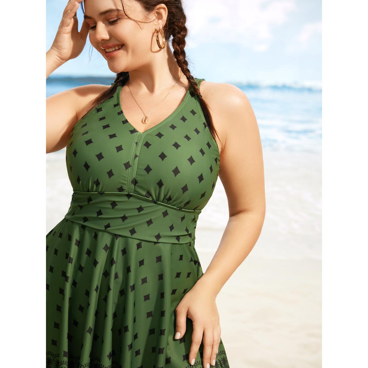 Plus Size V Neck Bandana Print Tie Knot Swim Dress Women's Swimwear Moss Beach Bodycon V-neck High stretch Curve Swim Dresses BloomChic 22-24/3X Product Image