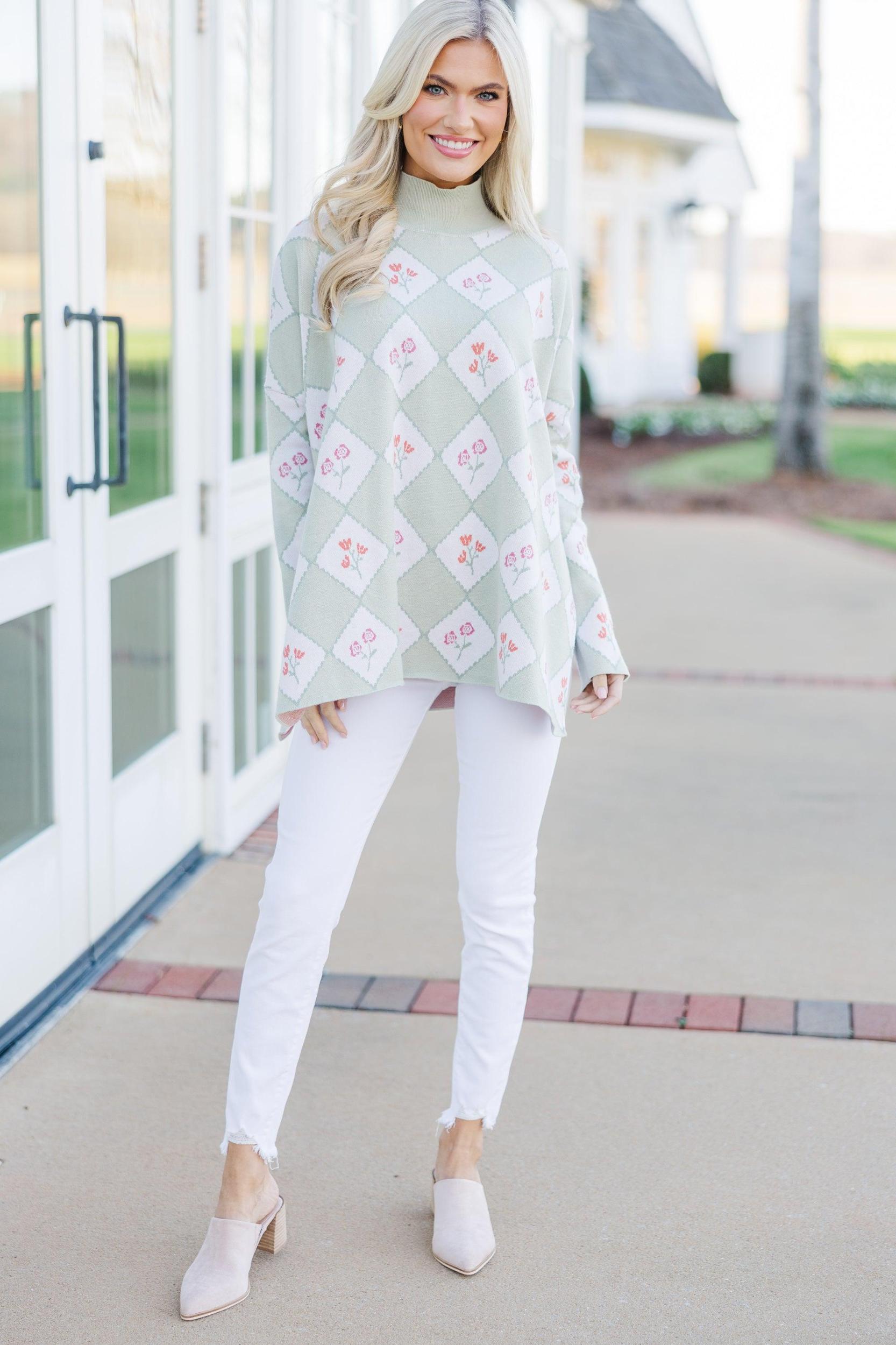 Quick Decisions Sage Green Floral Argyle Sweater Female Product Image