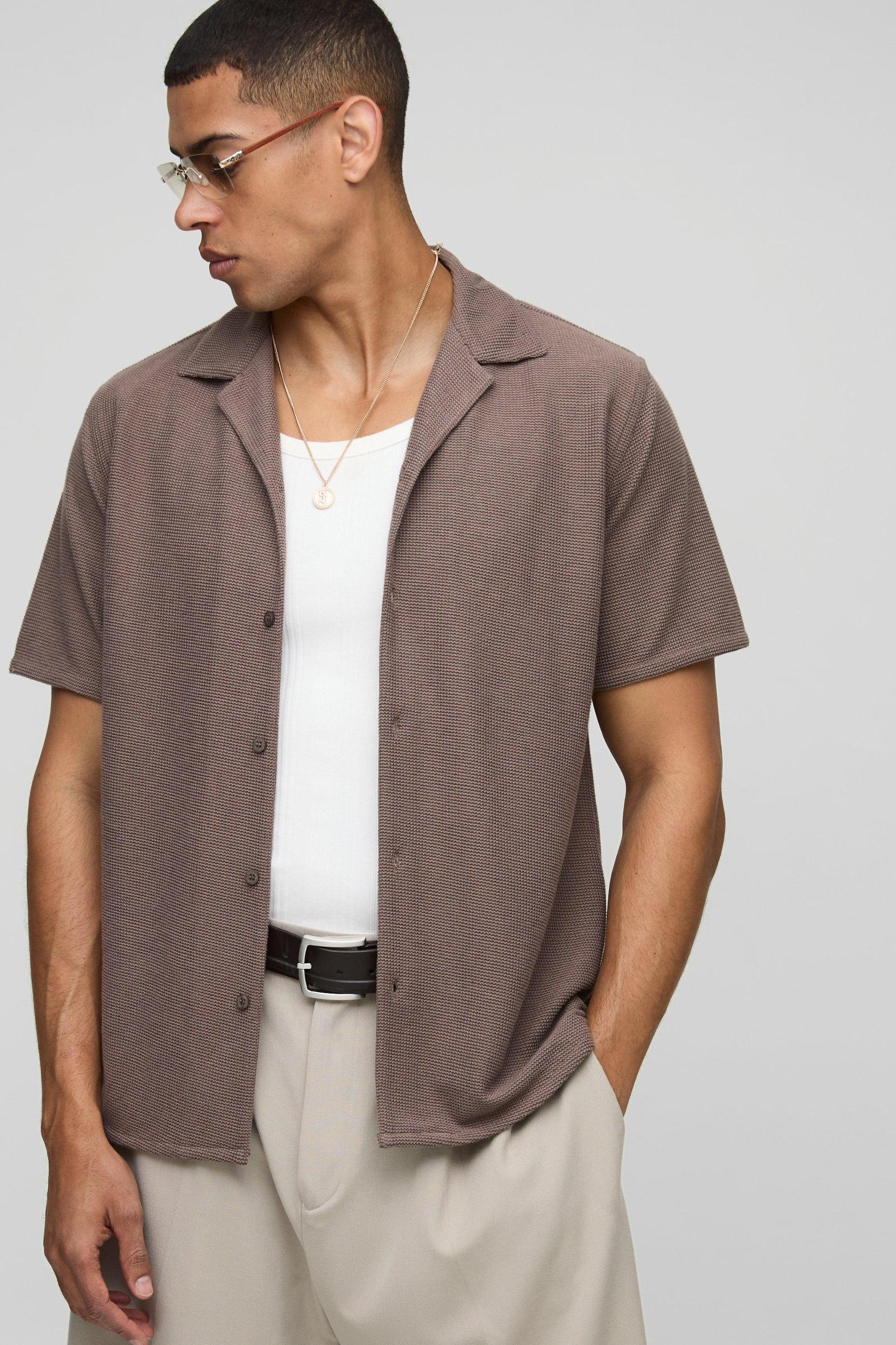 Regular Fit Honeycomb Waffle Revere Shirt | boohooMAN USA Product Image