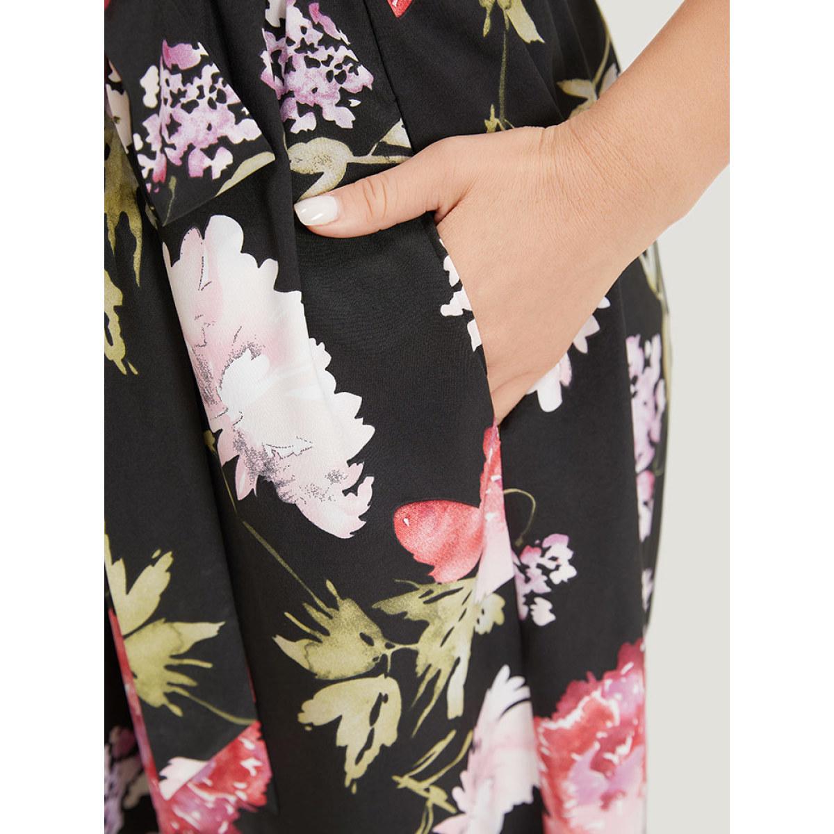 Plus Size Floral Print Patchwork Pocket Belted Asymmetrical Hem Dress Black Women Glamour Plain Round Neck Short sleeve Curvy Midi Dress BloomChic 18-20/2X Product Image