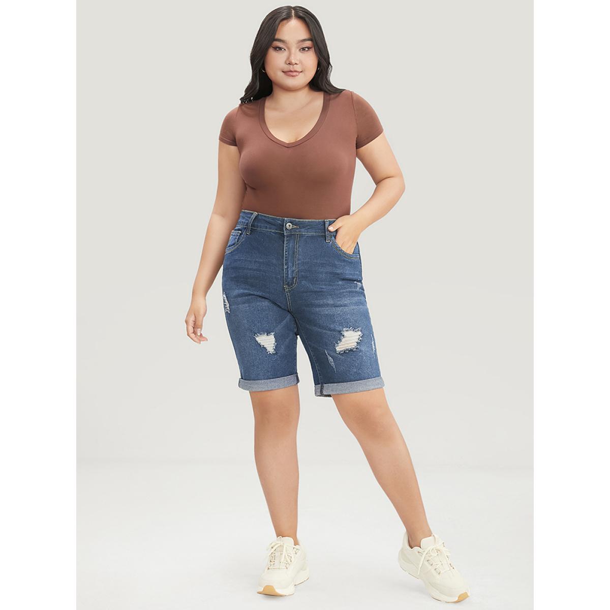 Plus Size Slightly Stretchy High Rise Dark Wash Distressed Denim Shorts Women Stone Casual Plain Distressed Low stretch Pocket Jeans BloomChic 30/6X Product Image
