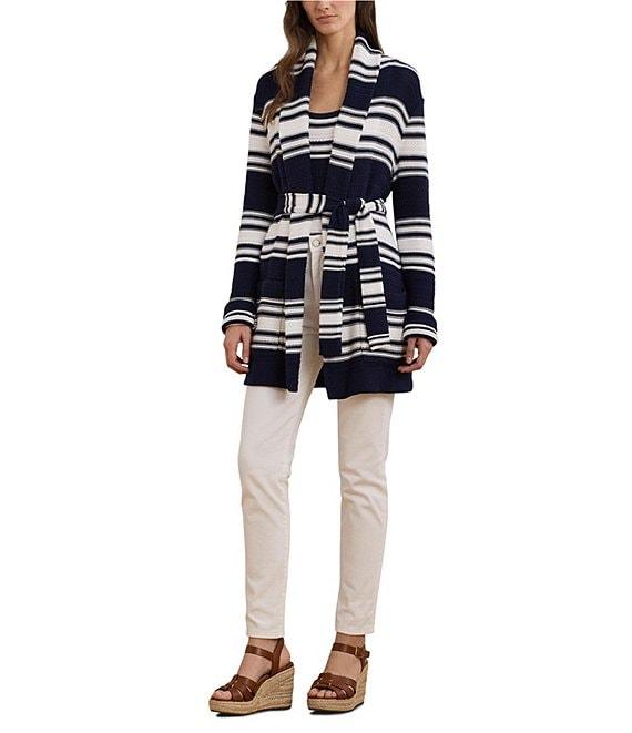 Lauren Ralph Lauren Cotton-Blend Stripe Shawl Collar Long Sleeve Belted Cardigan Product Image