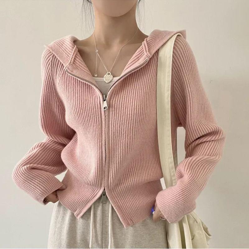 Plain Ribbed Zip-Up Knit Hoodie Product Image