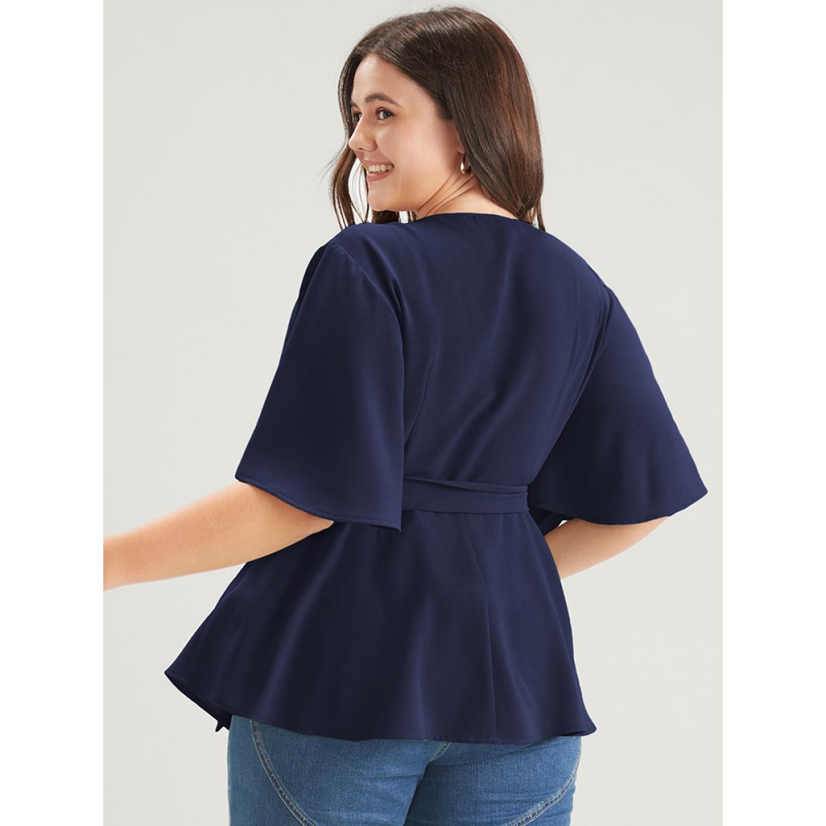 Plus Size Indigo Plain Ruffles Button Belted Wrap Babydoll Blouse Women Elegant Short sleeve V-neck Dailywear Blouses BloomChic 28/5X Product Image