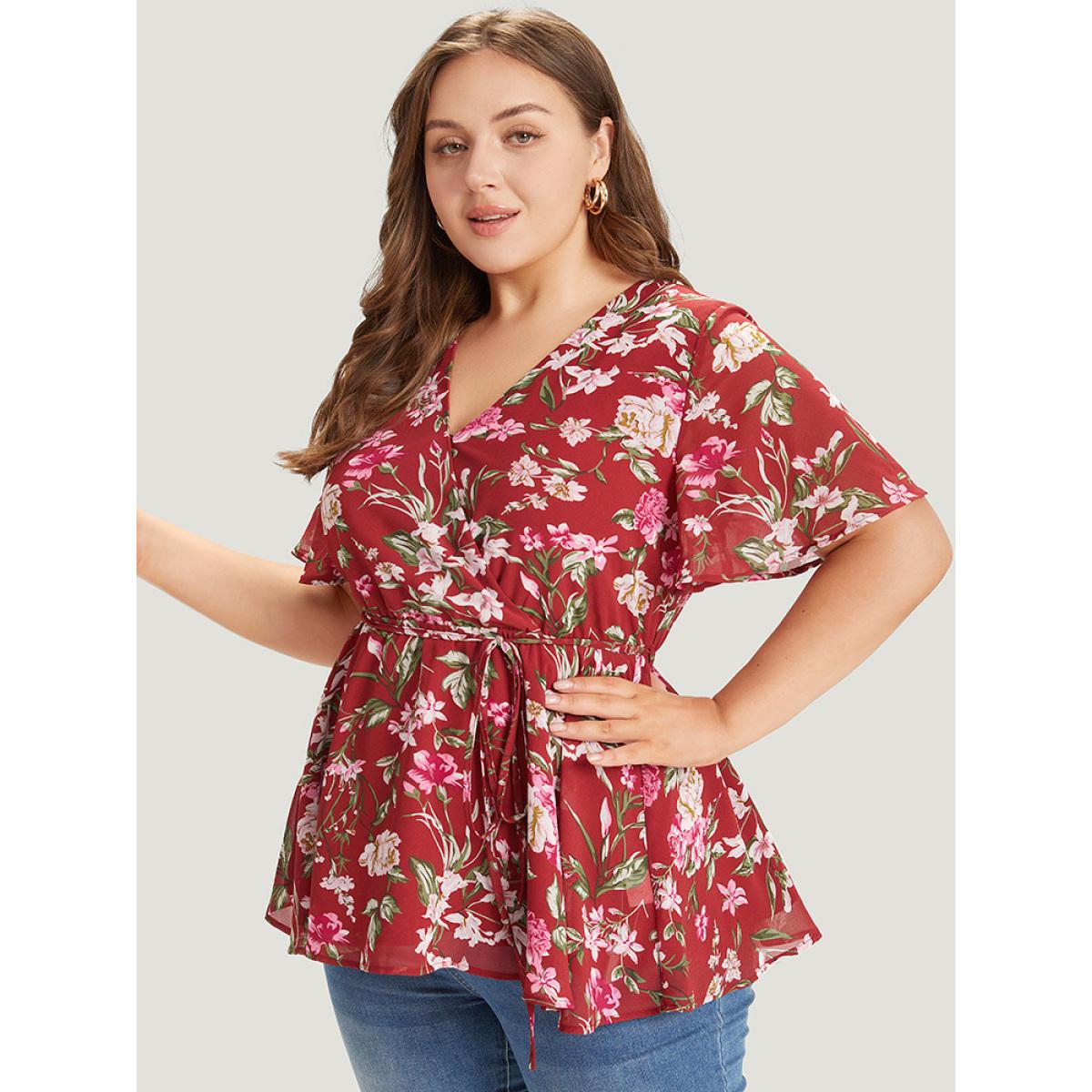 Plus Size Scarlet Floral Wrap Ruffle Sleeve Ties Blouse Women Elegant Short sleeve V-neck Dailywear Blouses BloomChic 28/5X Product Image