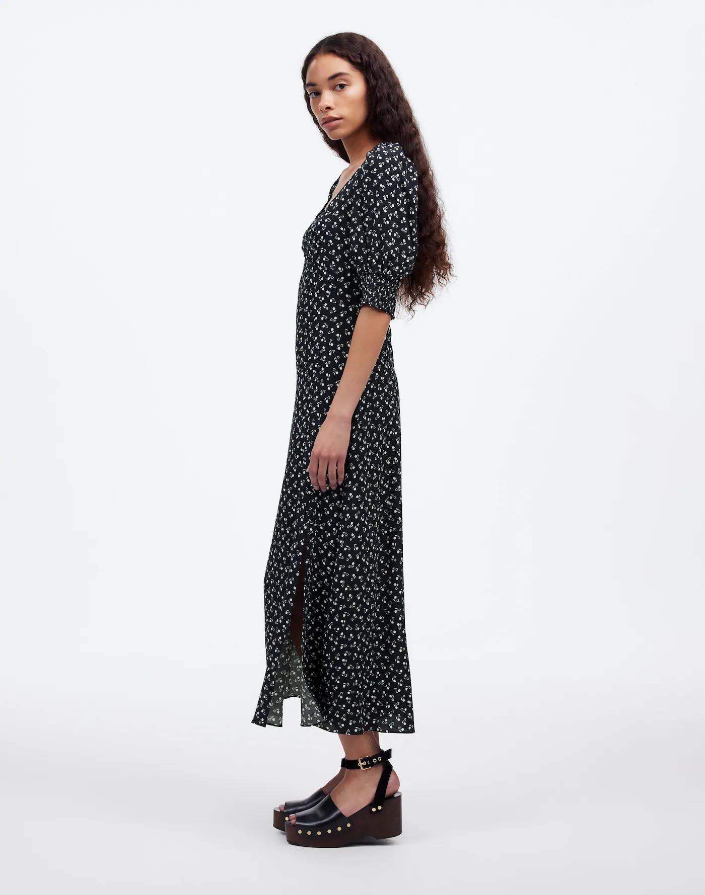 Ruched Scoopneck Side Slit Midi Dress in Floral Product Image