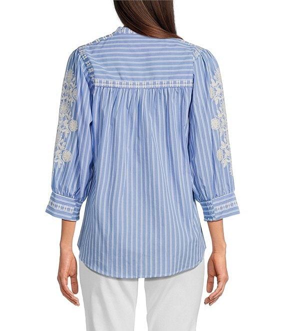 Calessa Embroidered Stripe Split V-Neck 3/4 Sleeve Button Front Shirt Product Image