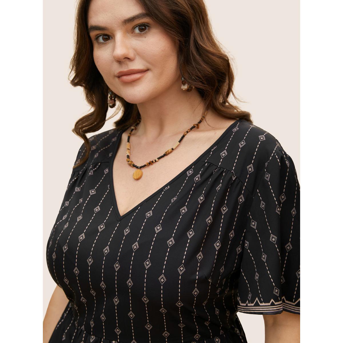 Plus Size Black V Neck Boho Print Flutter Sleeve Blouse Women Resort Short sleeve V-neck Vacation Blouses BloomChic 18-20/2X Product Image