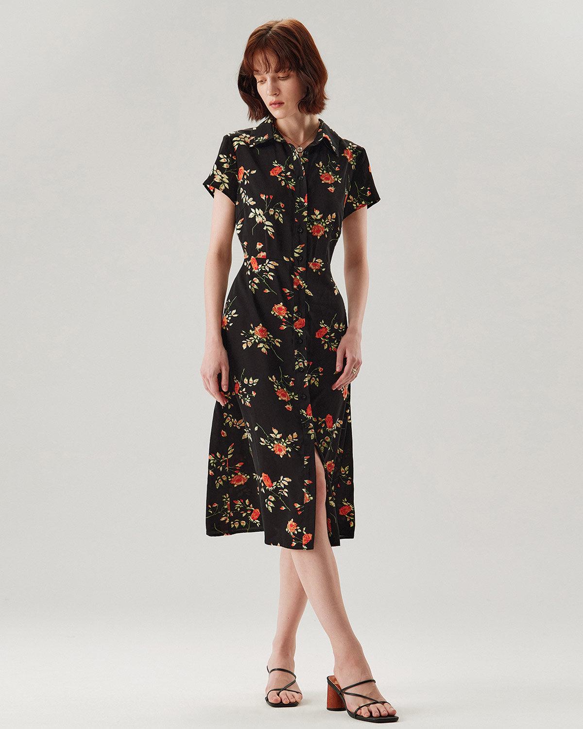 Black Floral Button A-Line Midi Dress Product Image