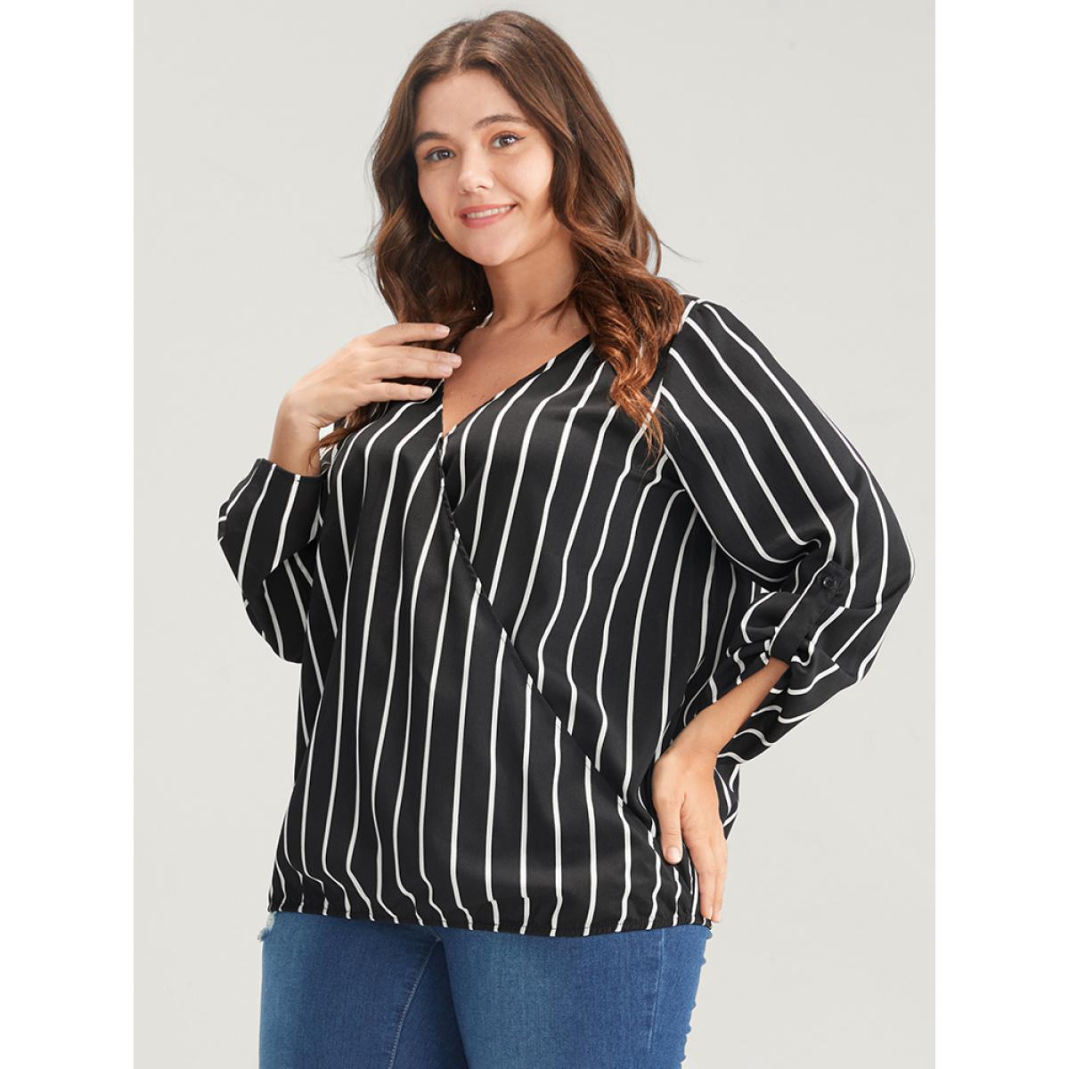 Plus Size Black Striped Wrap Cuffed Sleeve Blouse Women Office Long Sleeve V-neck Work Blouses BloomChic 28/5X Product Image