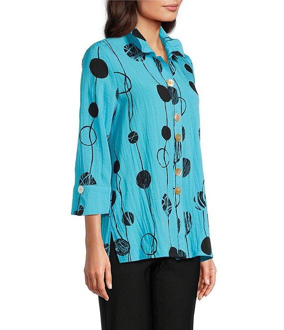 Ali Miles Printed Crinkle Wire Collar 3/4 Sleeve Button Front Tunic Product Image