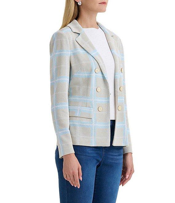 Ming Wang Plaid Knit Notch Lapel Long Sleeve Blazer Product Image