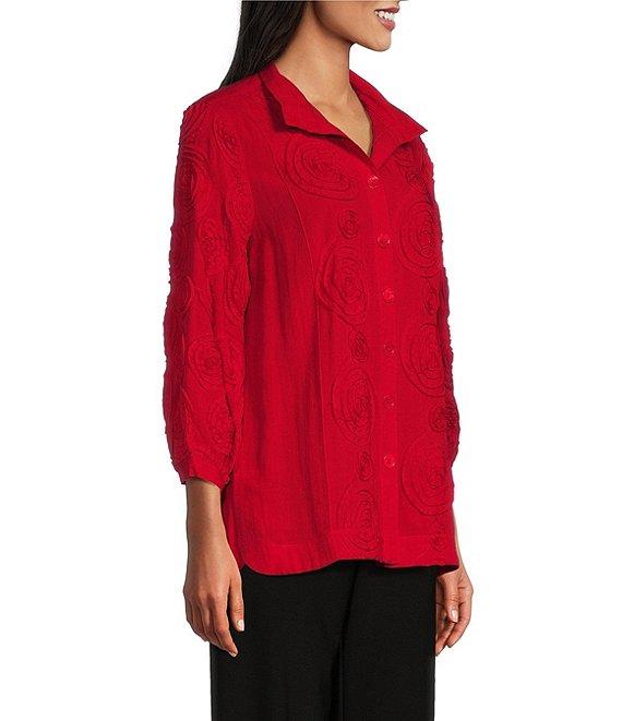 John Mark Woven Wire Collar 3/4 Sleeve Embroidery Pop Up Floral Detail Button Front Blouse Product Image