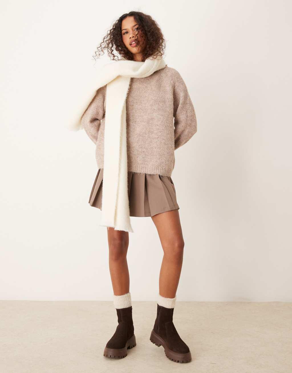 JDY high neck textured knitted sweater in beige Product Image