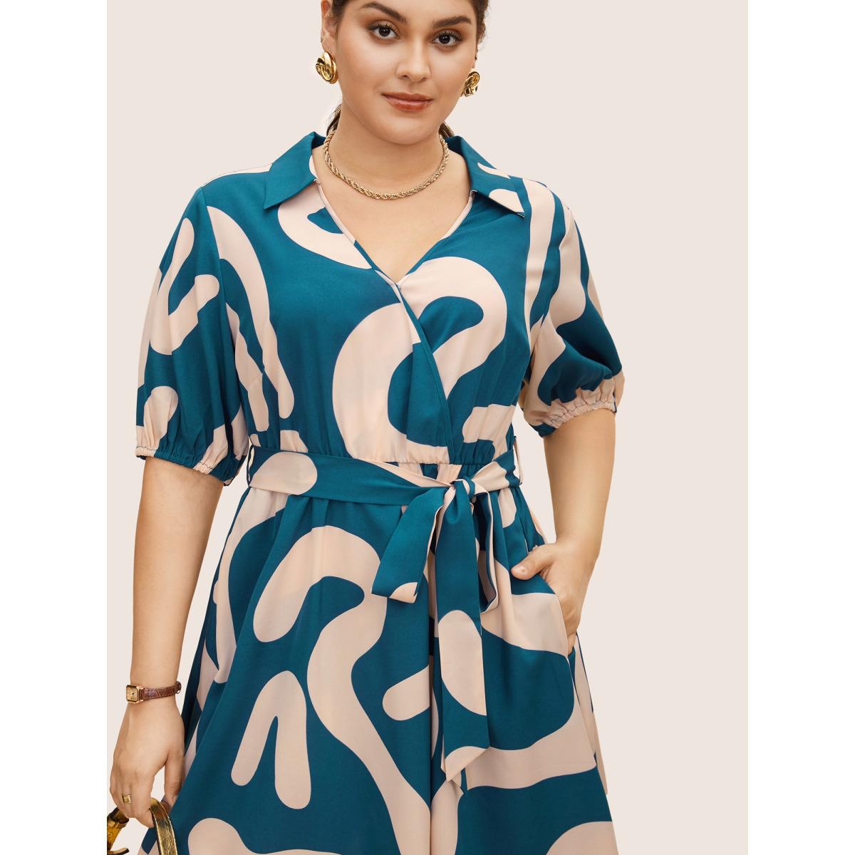 Plus Size Shirt Collar Contrast Geometric Belted Midi Dress Aegean Women At the Office Gathered Shirt collar Half Sleeve Curvy BloomChic 10/M Product Image