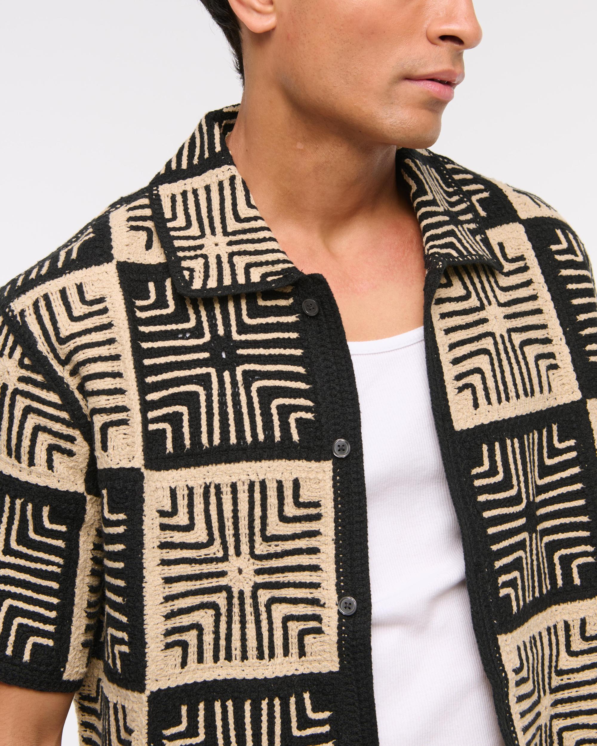 Crochet-Style Border Stripe Button-Through Sweater Polo Product Image