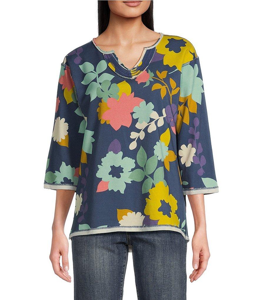 Tru Luxe Jeans French Terry Floral Notch Neck 3/4 Sleeve Top Product Image
