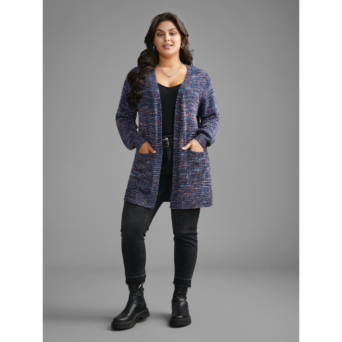 Plus Size Contrast Heather Texture Patch Pocket Cardigan Aegean Women Casual Loose Long Sleeve Everyday Cardigans BloomChic 28/5X Product Image