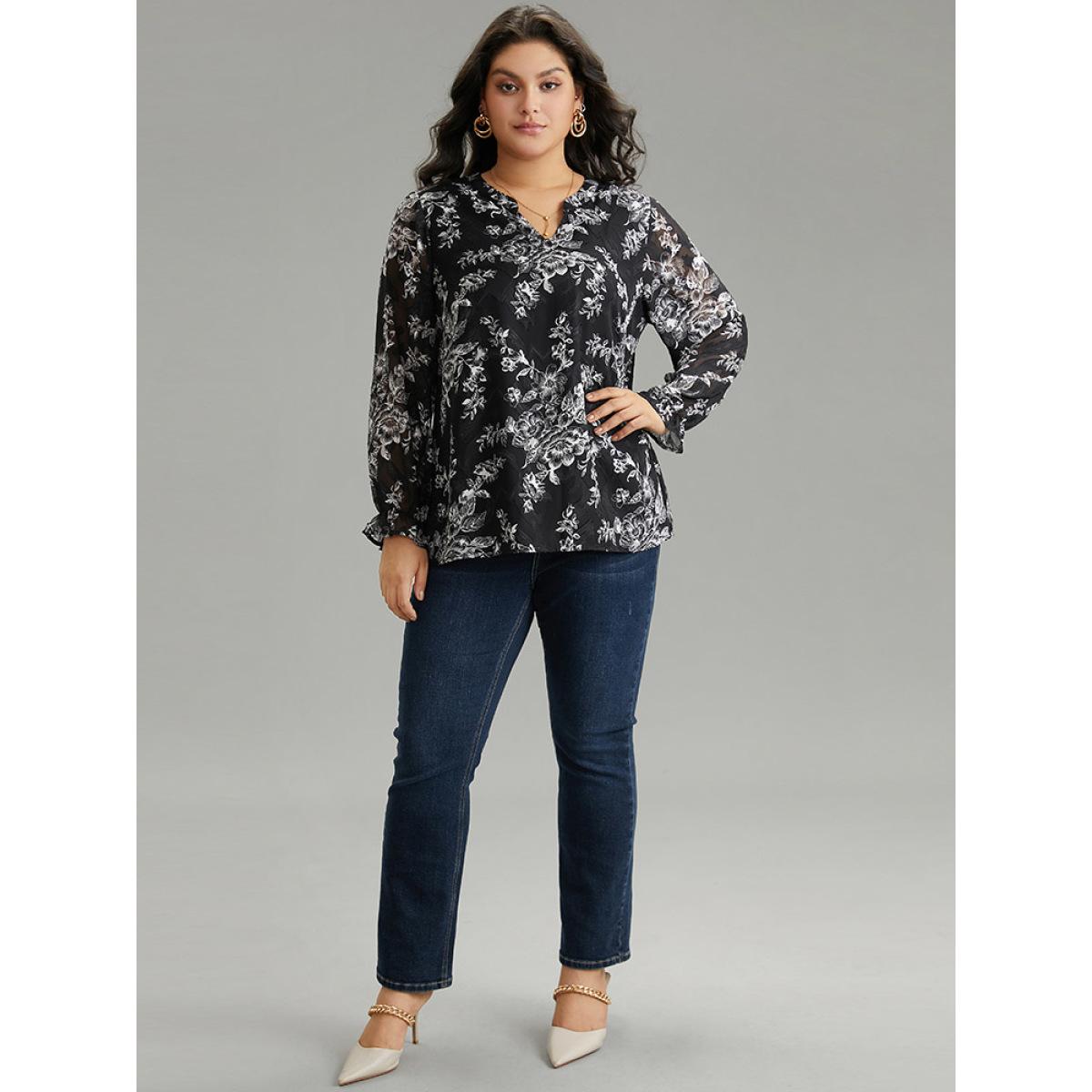 Plus Size Black Silhouette Floral Print Mesh Chiffon Blouse Women Elegant Long Sleeve Notched collar Everyday Blouses BloomChic 28/5X Product Image