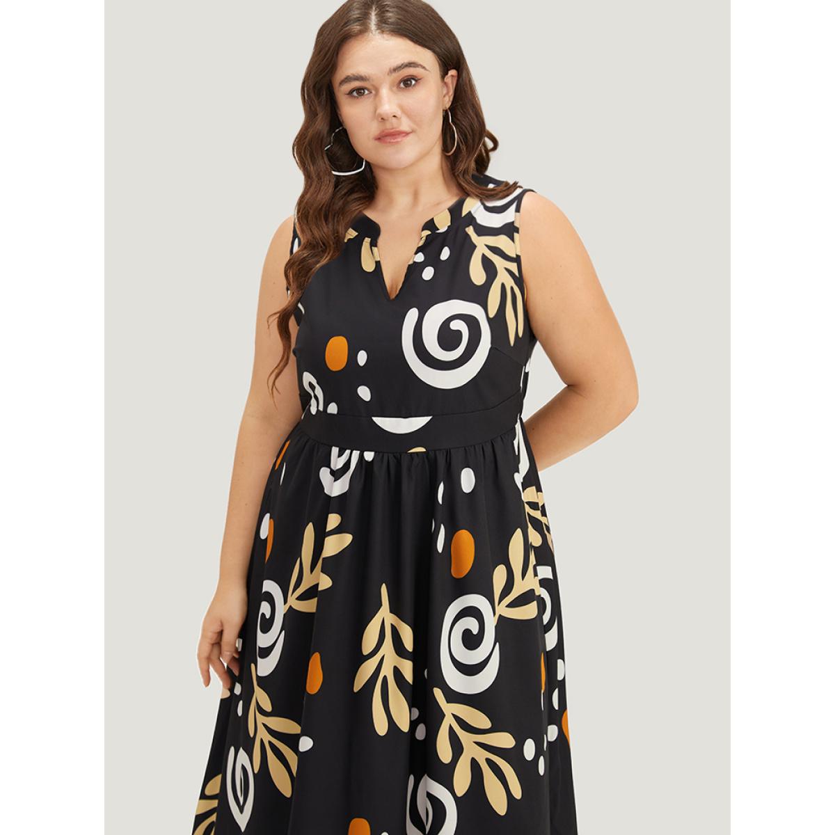 Plus Size Graphic Print Notched Pocket Tank Dress Black Women Vacation Printed Notched collar Sleeveless Curvy Midi Dress BloomChic 30/6X Product Image