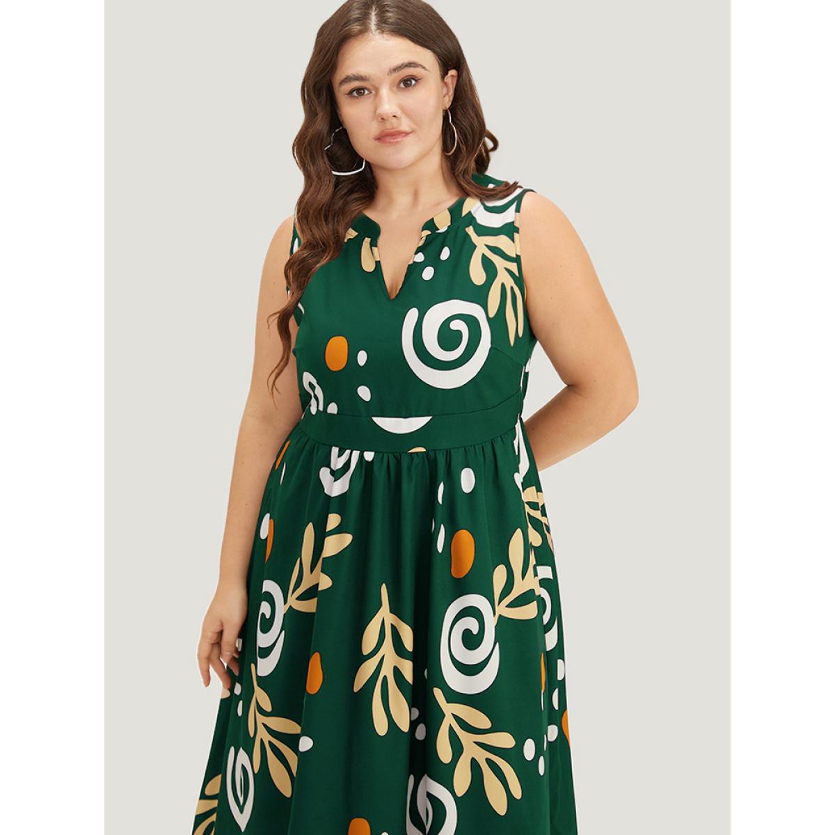 Plus Size Graphic Print Notched Pocket Tank Dress DarkGreen Women Vacation Printed Notched collar Sleeveless Curvy Midi Dress BloomChic 18-20/2X Product Image