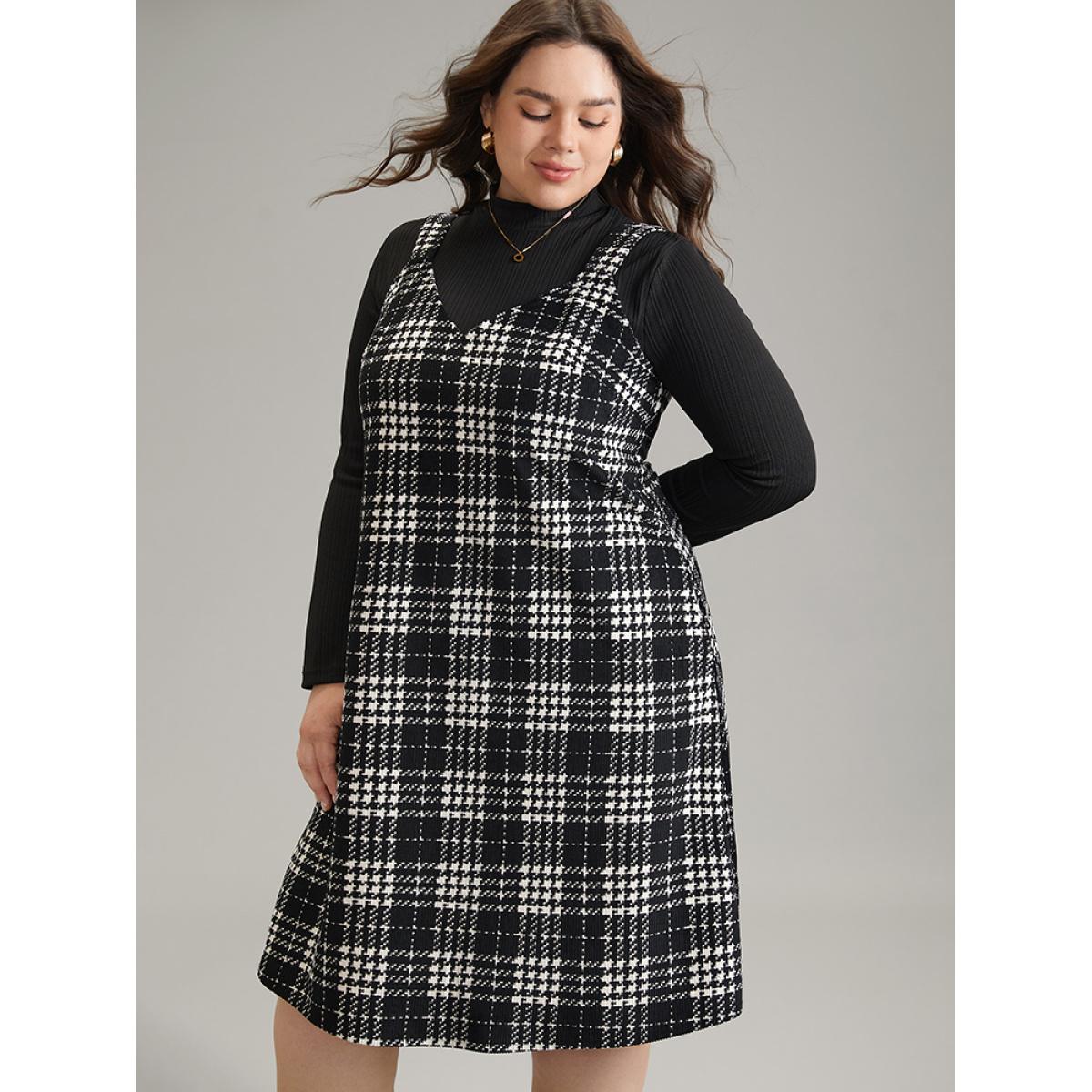 Plus Size Corduroy Plaid Pocket Cami Dress Black Women Elegant Printed Spaghetti Strap Sleeveless Curvy Midi Dress BloomChic 26/4X Product Image