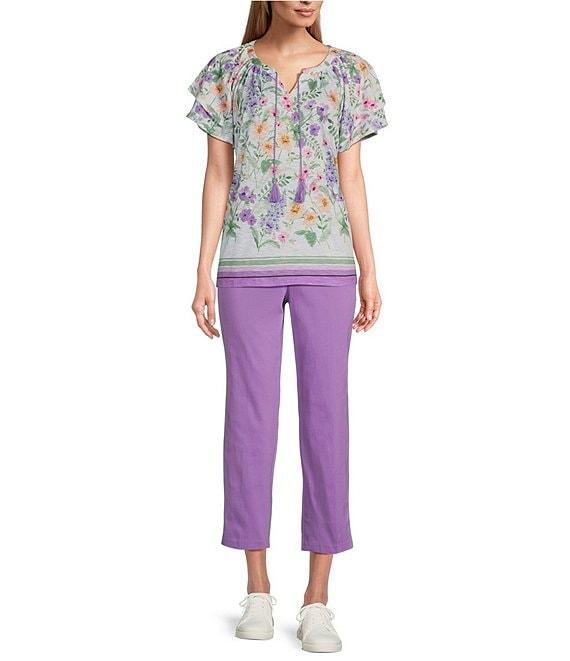 Allison Daley Petite Size Wildflower Border Print Flutter Sleeve Tassel Tie Neck Knit Top Product Image
