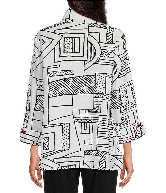 Ali Miles Printed Wire Collar 3/4 Sleeve Button Front Side Slit Tunic Product Image