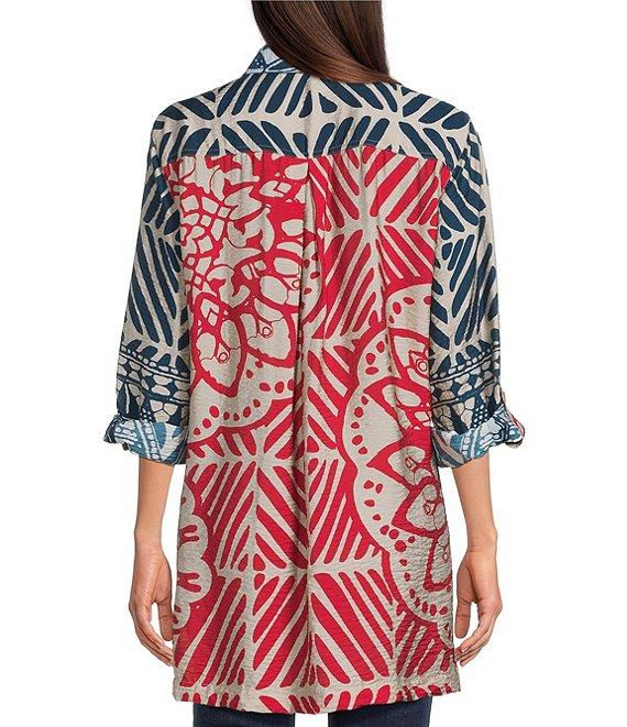 John Mark Medallion Abstract Print Point Collar Long Roll-Tab Sleeve Button Front Tunic Product Image