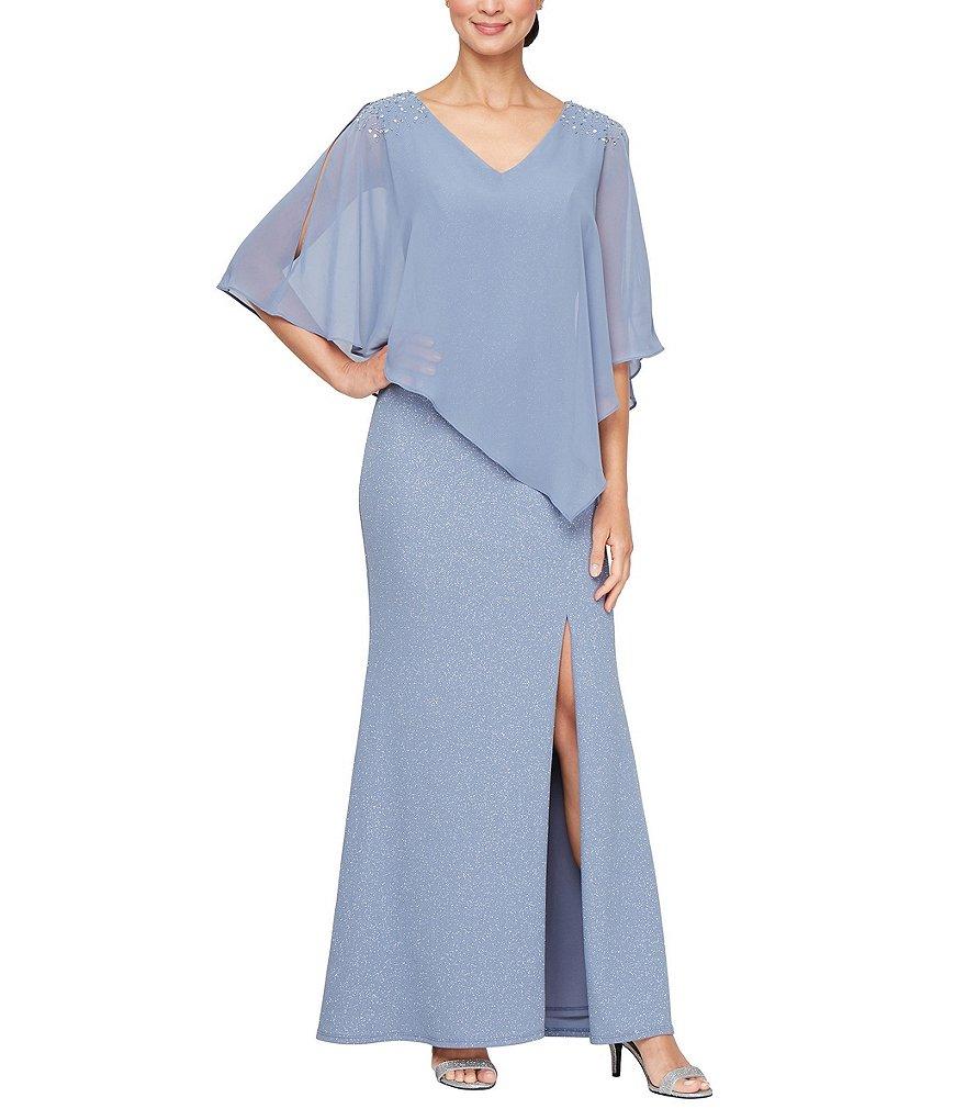 Ignite Evenings V-Neck 3/4 Chiffon Overlay Sleeve Metallic Knit Popover Gown Product Image