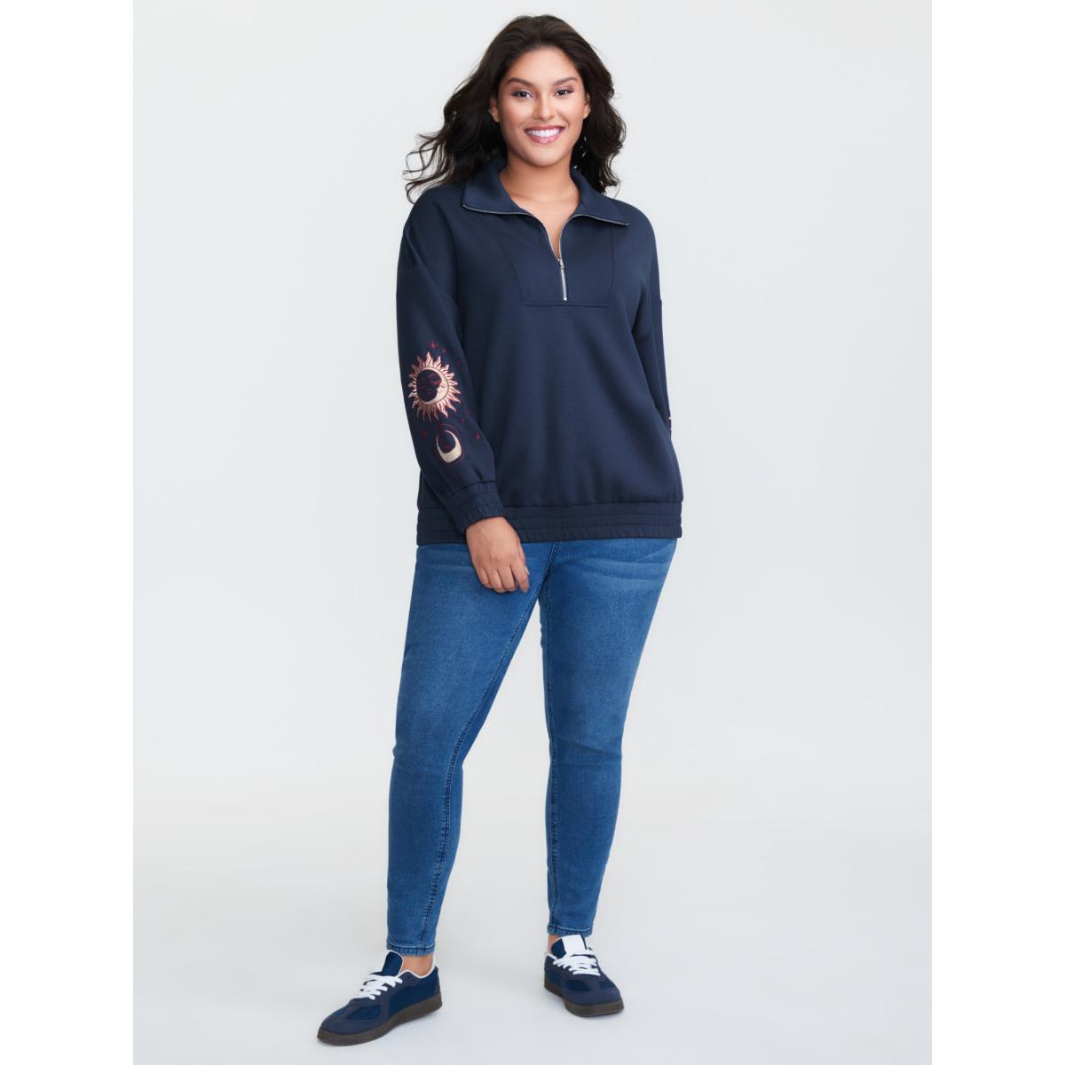 Plus Size Supersoft Embroidered Half-Zip Sweatshirt Women Navy Leisure Embroidered Lapel Collar Casual Sweatshirts BloomChic 22-24/3X Product Image