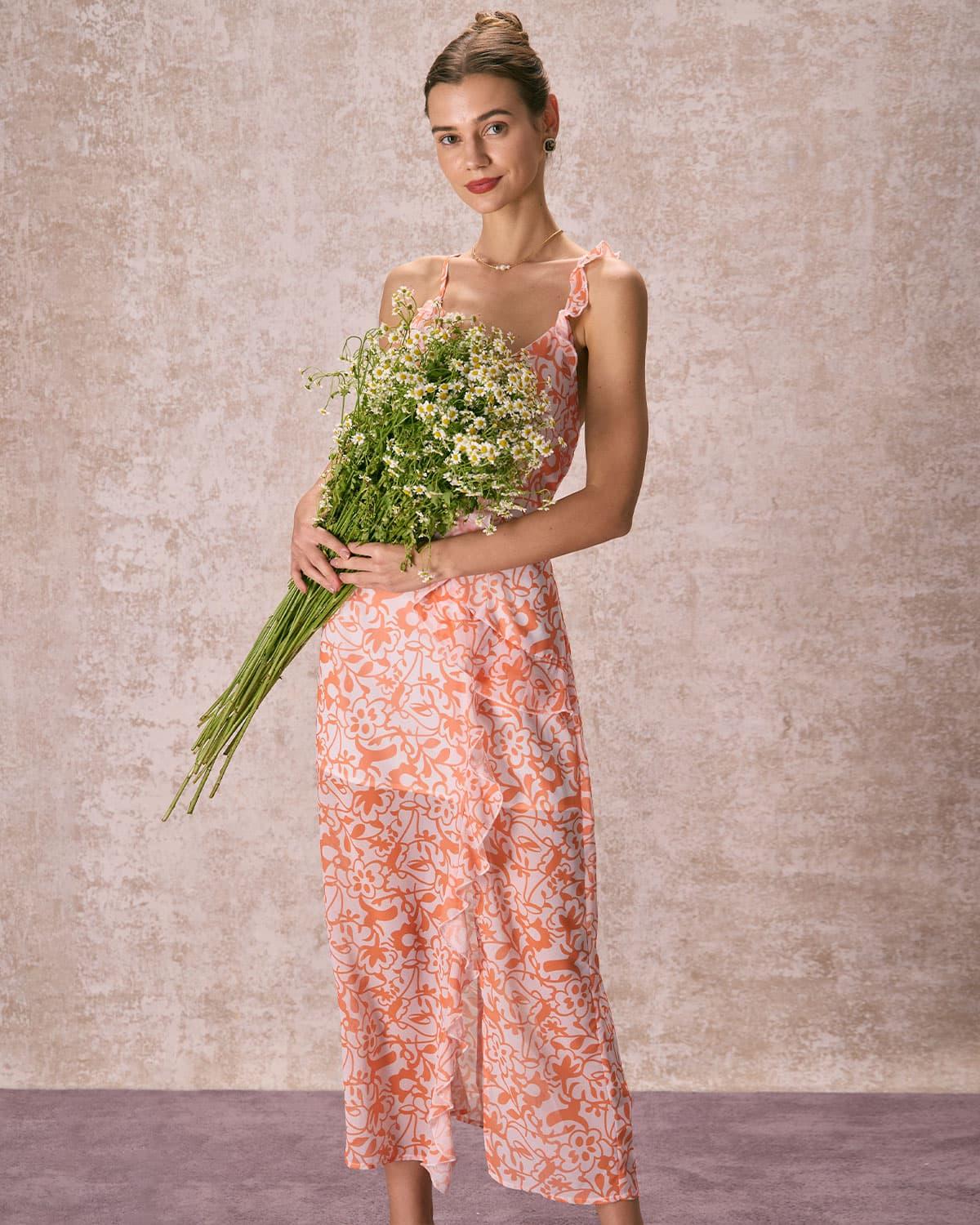 The Orange V Neck Floral Ruffle Maxi Dress Product Image