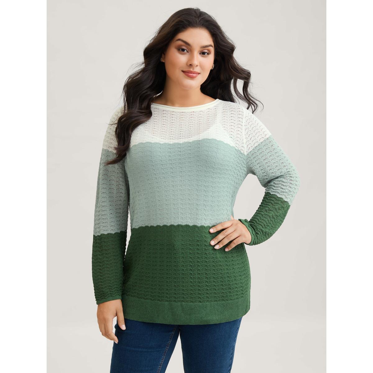 Plus Size Color Contrast Boat Neck Lightweight Pullover Moss Women Leisure Loose Long Sleeve Boat Neck Casual Pullovers BloomChic 18-20/2X Product Image