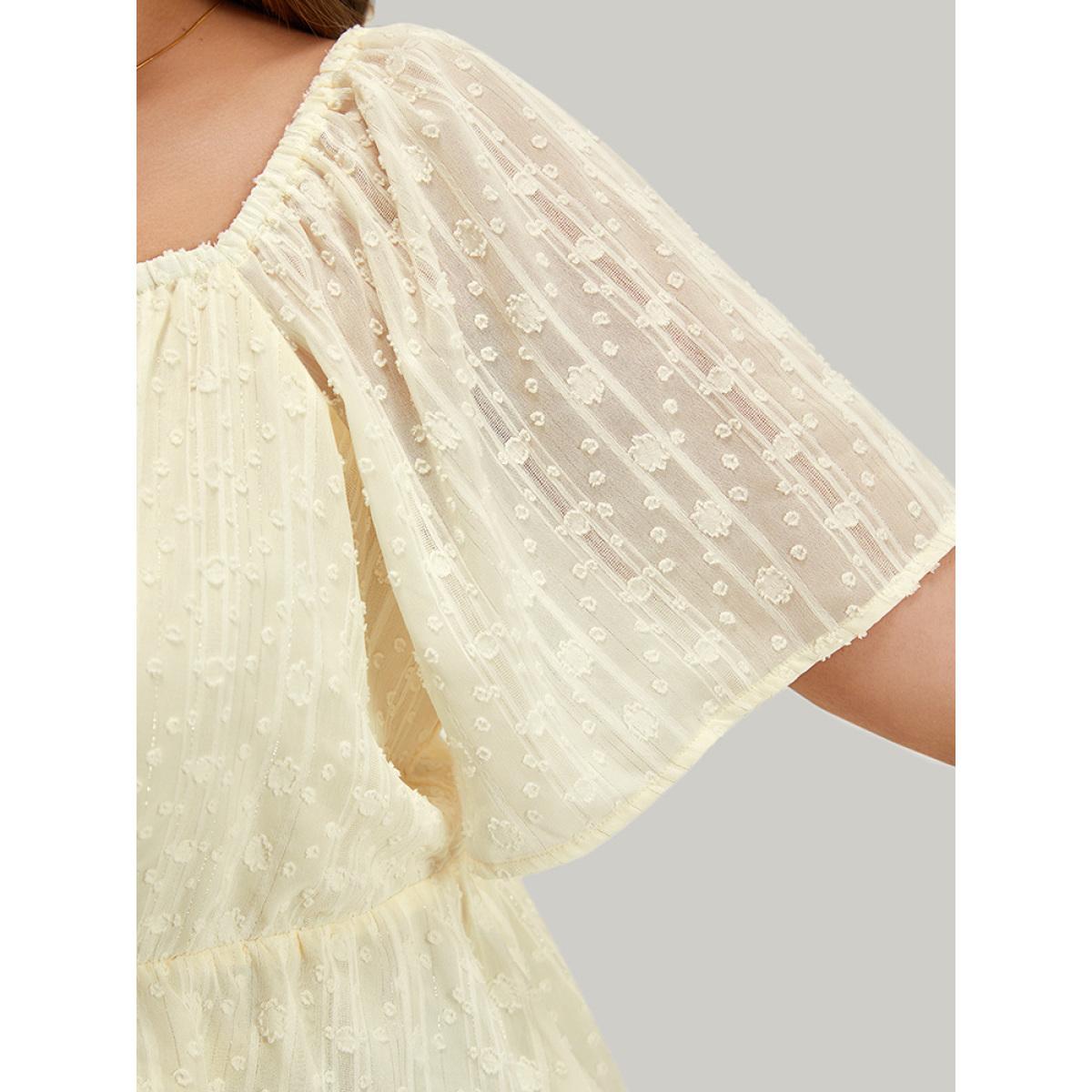 Plus Size Ivory Plisse Mesh Square Neck Elastic Waist Blouse Women Elegant Short sleeve Square Neck Dailywear Blouses BloomChic 28/5X Product Image