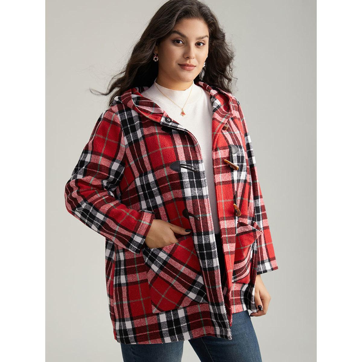 Plus Size Plaid Hooded Pocket Duffle Button Coat Women Crimson Casual Contrast Ladies Dailywear Winter Coats BloomChic 22-24/3X Product Image