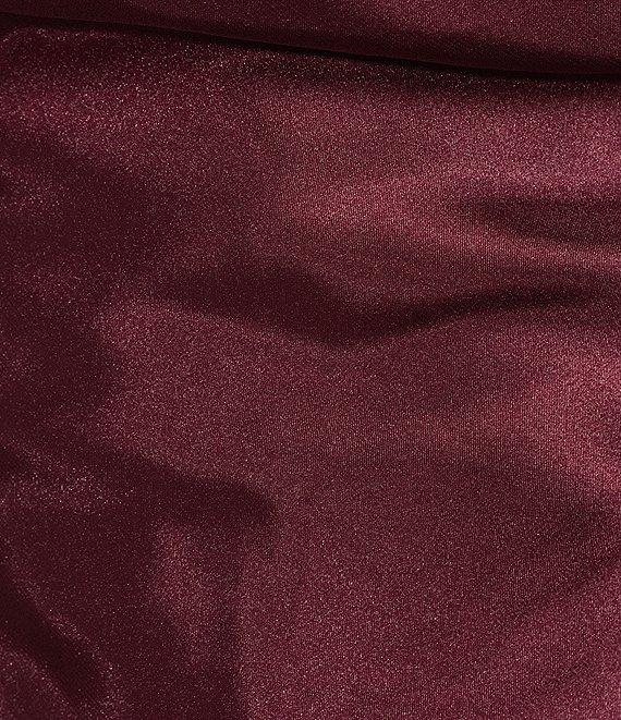 Morgan & Co. Sleeveless Long Spaghetti Strap Charmeuse Draped Front And X Back Long Dress Product Image