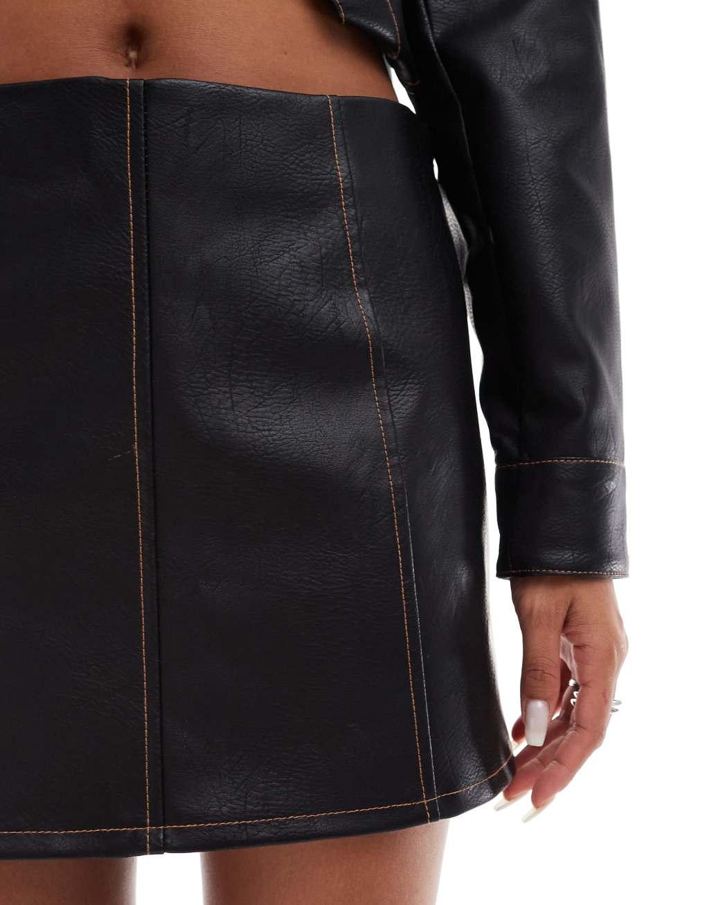 ASOS DESIGN contrast stitching leather look mini skirt in black - part of a set Product Image