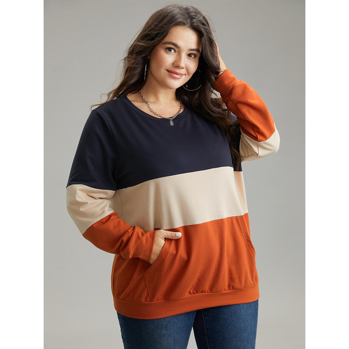 Plus Size Colorblock Contrast Crew Neck Kangaroo Pocket Sweatshirt Women Multicolor Casual Contrast Round Neck Dailywear Sweatshirts BloomChic 14-16/1X Product Image