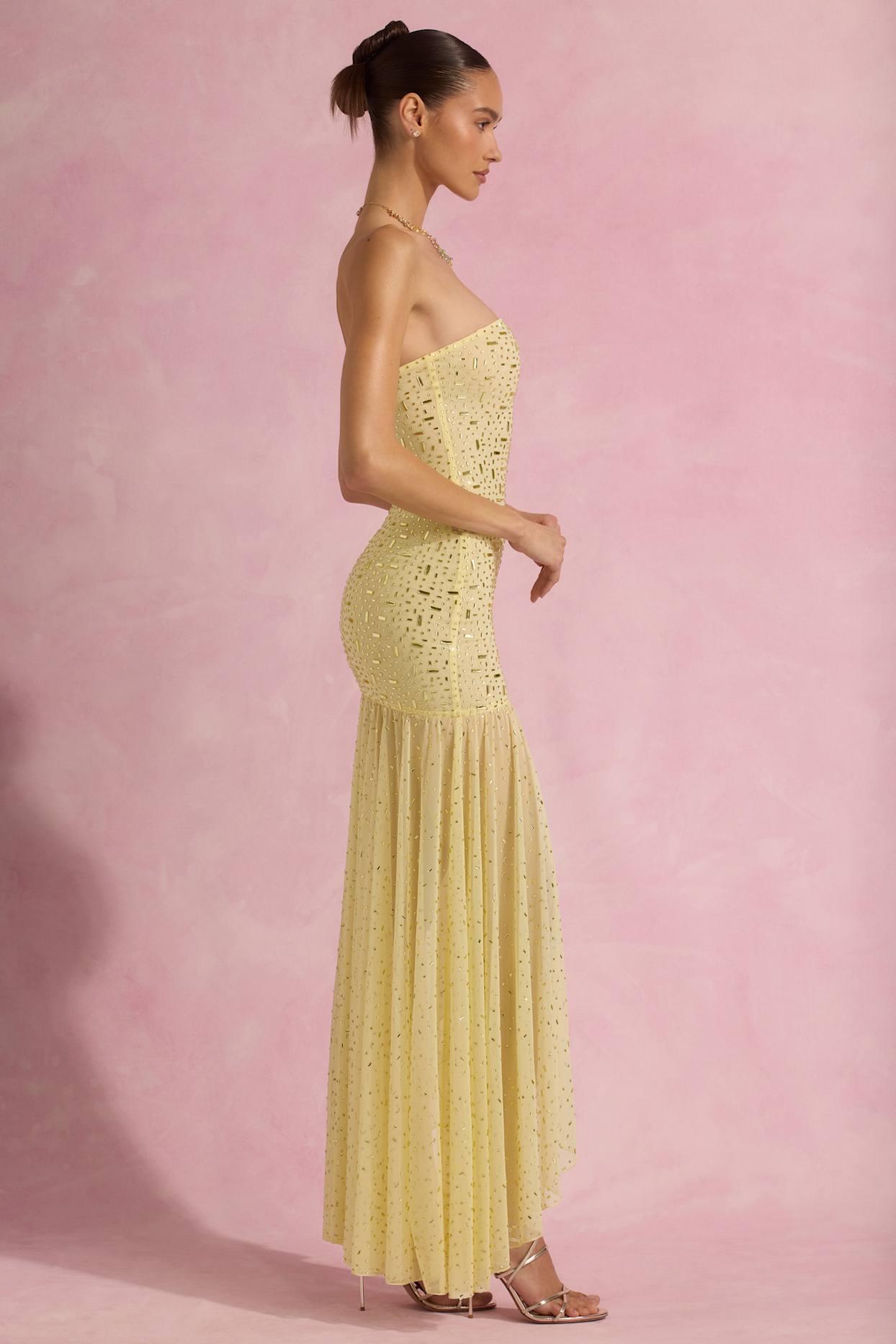 Semi-Sheer Embellished Asymmetric Maxi Dress in Yellow Product Image