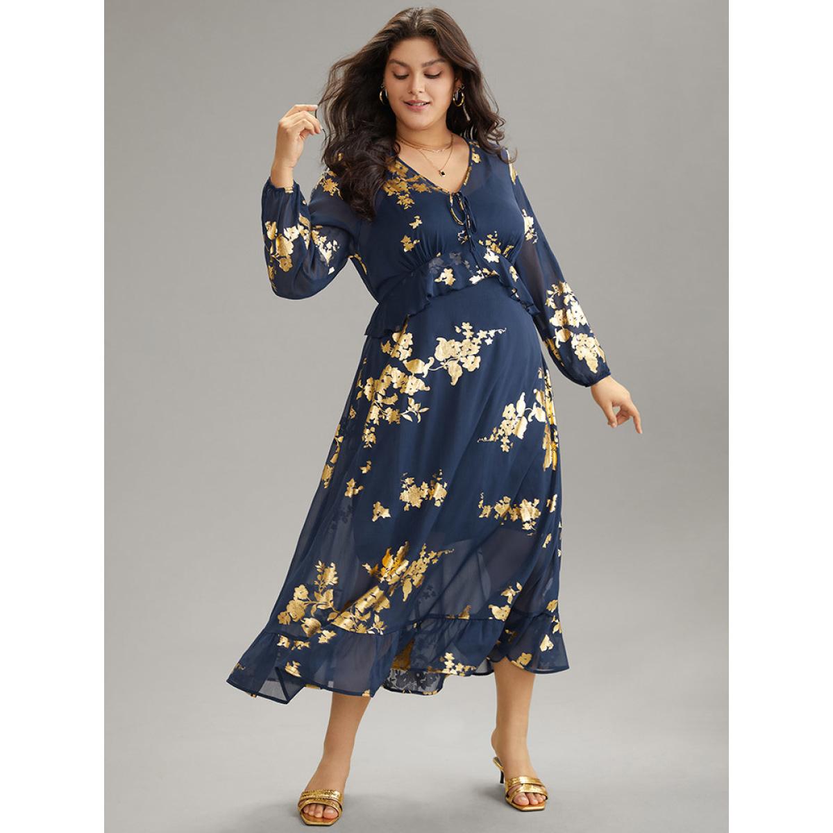 Plus Size Silhouette Floral Print Ruffles Ties Mesh Gathered Dress Navy Women Elegant Elastic cuffs Tie Neck Long Sleeve Curvy Midi Dress BloomChic 28/5X Product Image